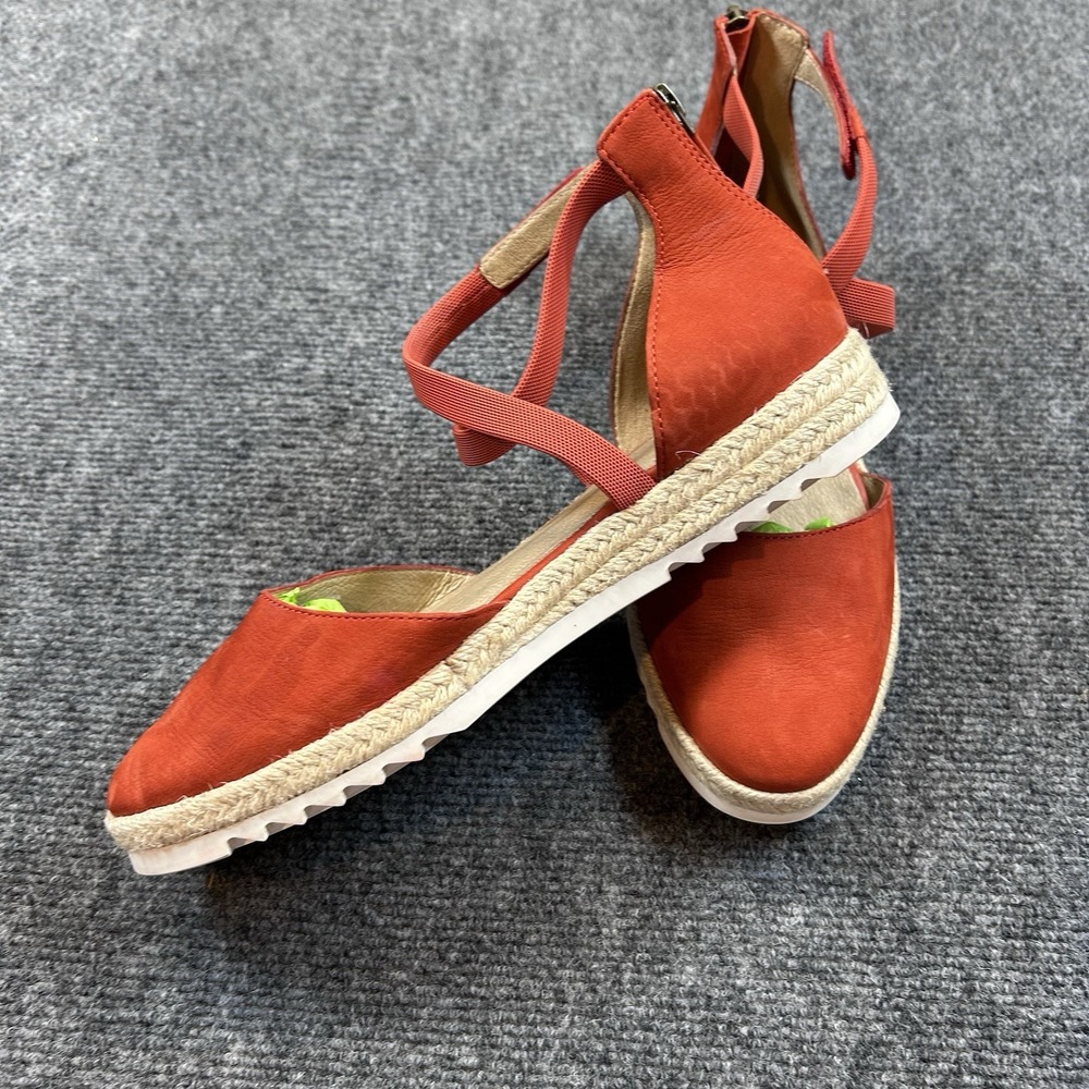 Eileen Fisher Bisa Flame Orange Suede Ankle Strap Zipper Back Espadrille Flats 8